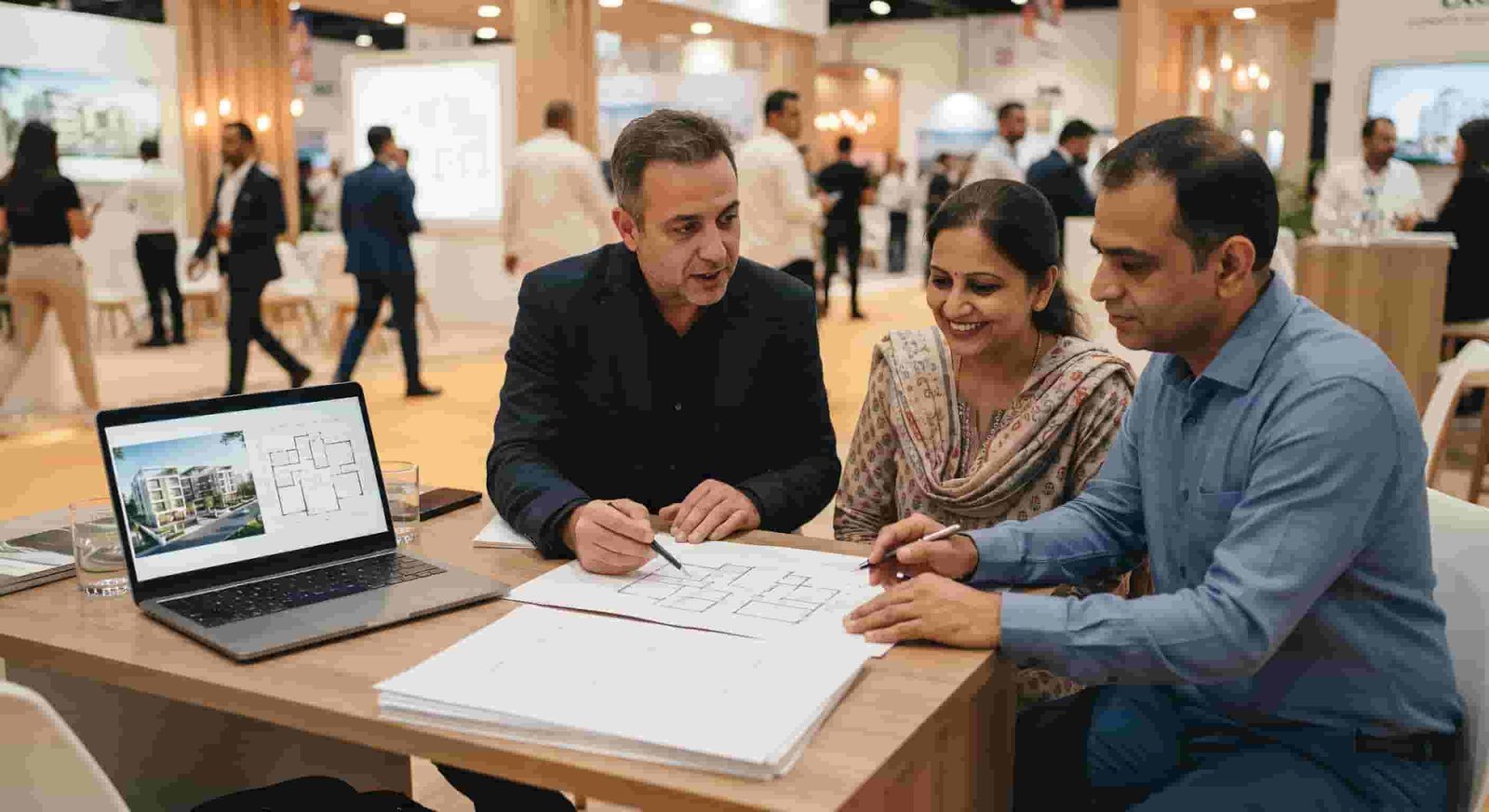 Indian investors reviewing Dubai property plans at an expo