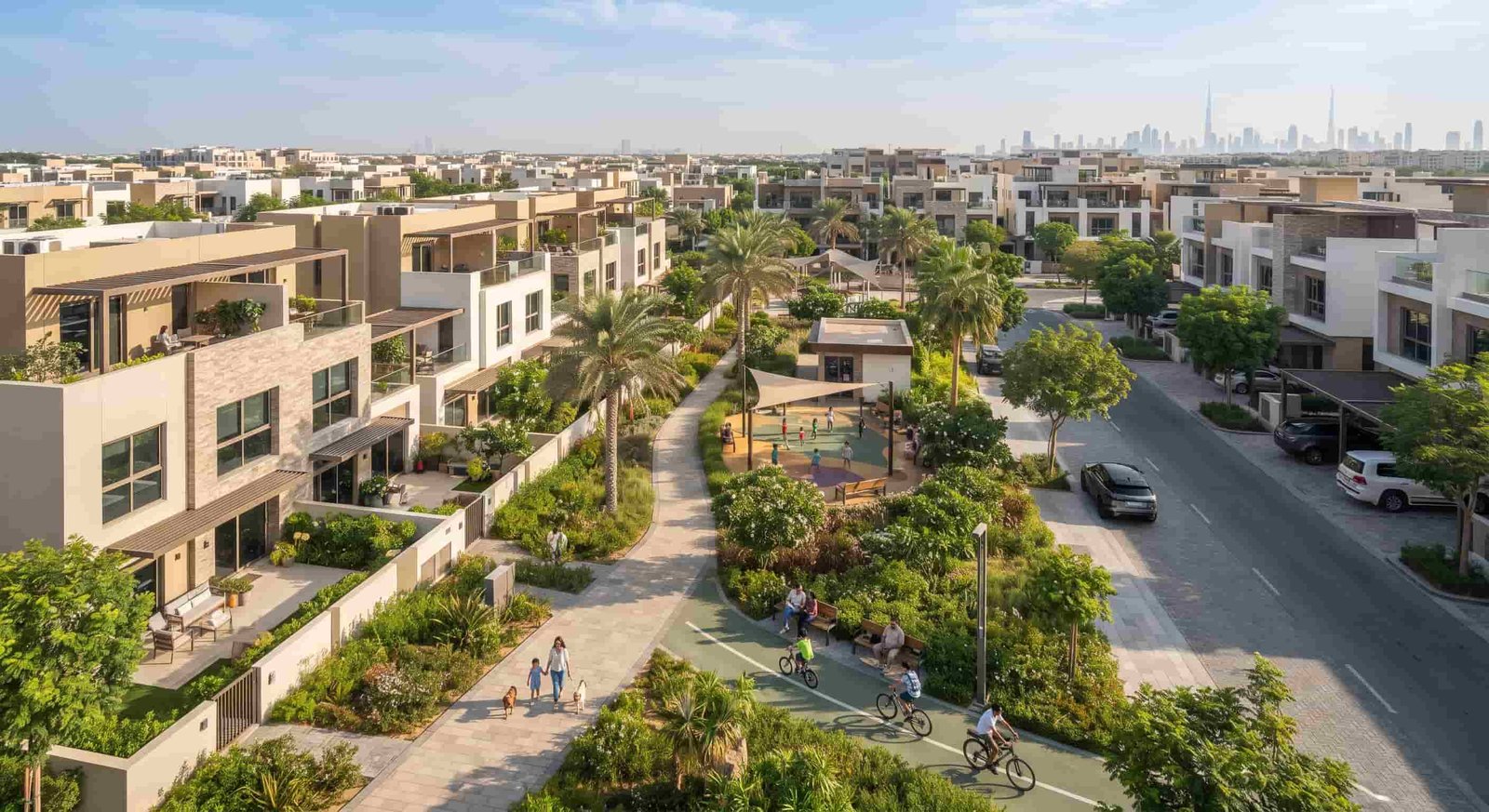 Townhouse community in Dubai with landscaped gardens and residential amenities