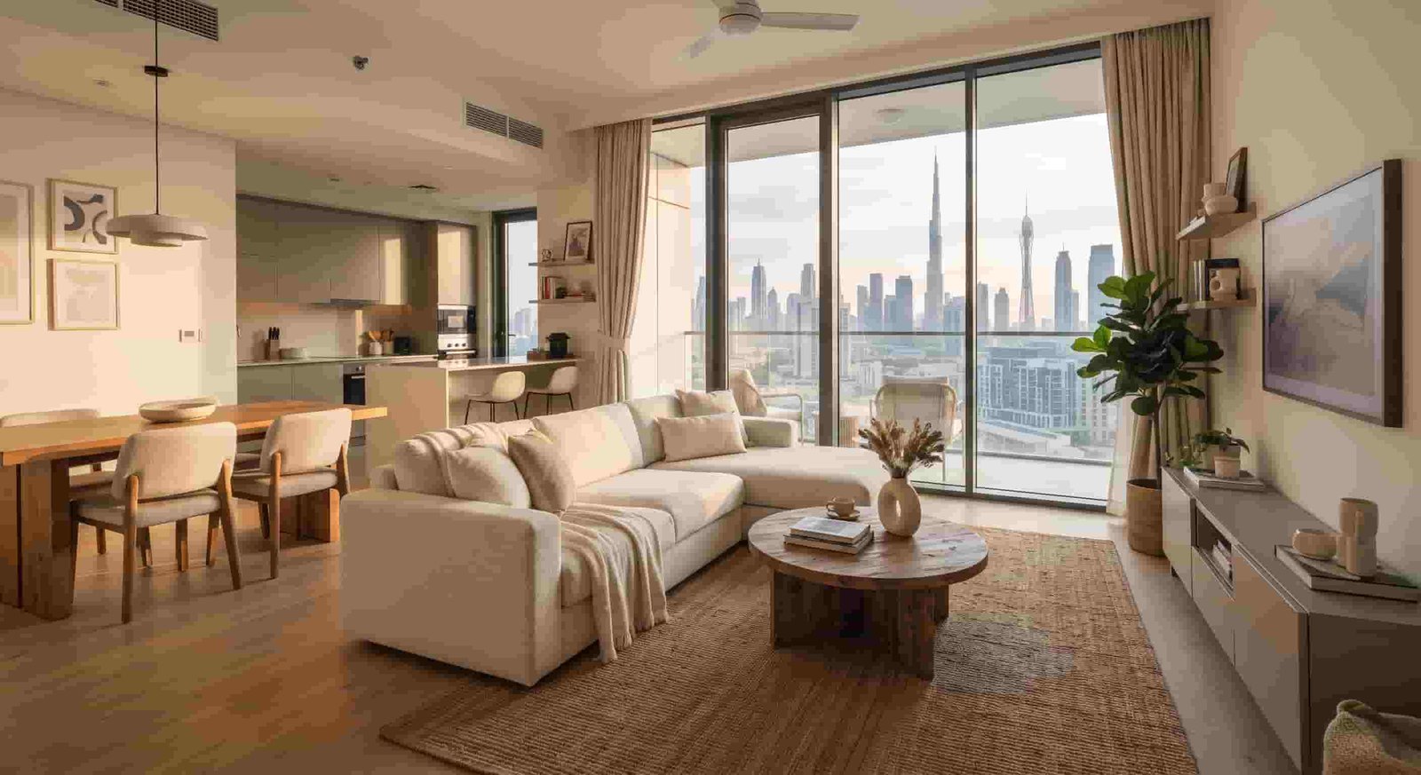 Modern apartment interior in MBR City with a Dubai skyline view