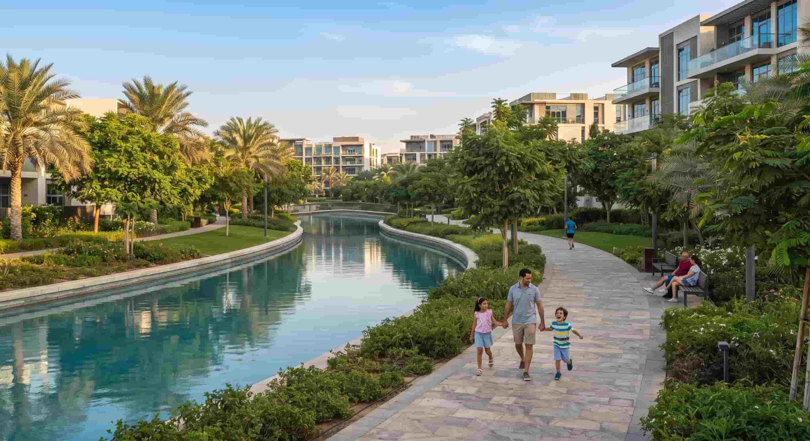 Hartland green belt and canal in MBR City, Dubai