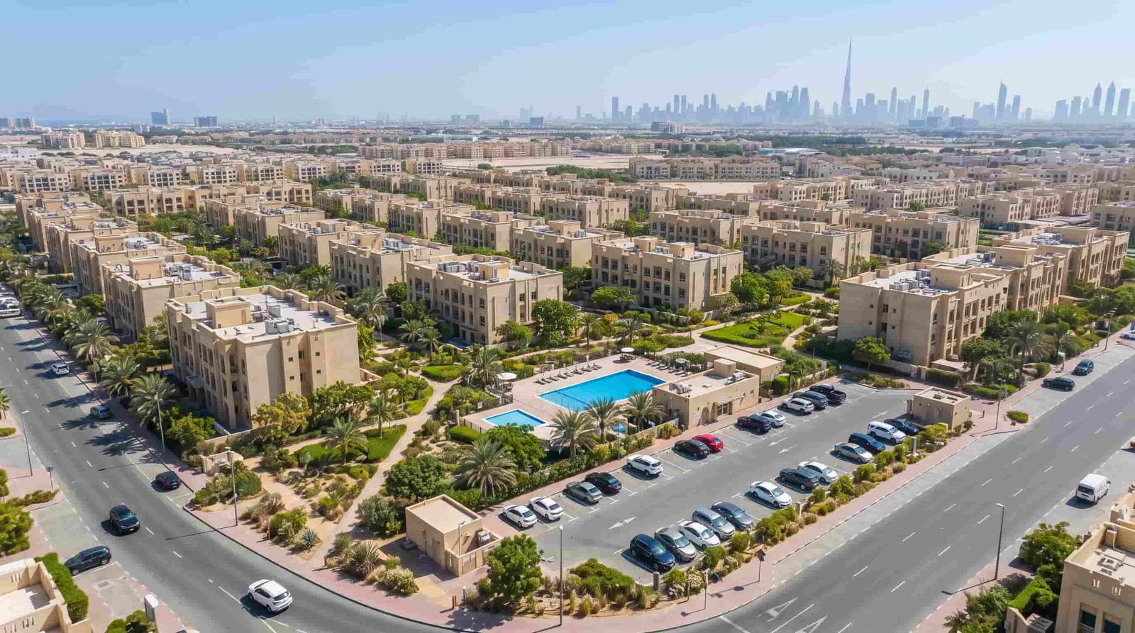 Aerial view of a Dubai apartment community known for strong rental returns