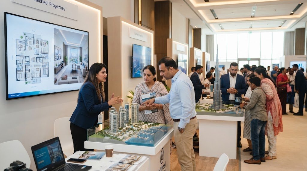 Indian investors at a Dubai property expo reviewing real estate plans]