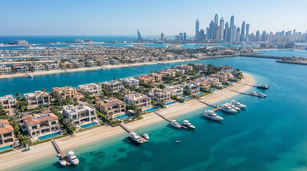 Most expensive house in Dubai on Palm Jumeirah, luxury waterfront villas from above